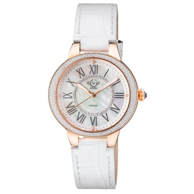 GV2 Astor II Reloj de cuero blanco con diamantes suizos y esfera MOP para mujer