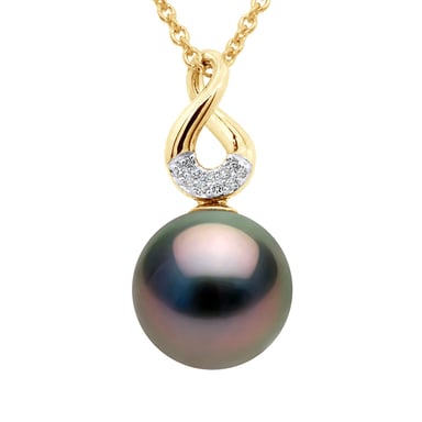 Pendant Eight Diamonds 0,03 Cts  - Quality HSI - Yellow Gold - Real Cultured Tahiti Pearl Round 9-9 mm