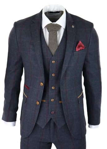 Traje de tweed de espiga para hombre, 3 piezas, azul marino, Peaky Blinders, corte entallado, años 20