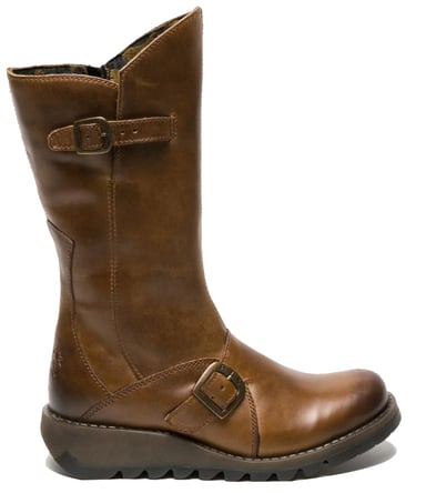 Botas de plataforma de cuero con cremallera y tacón de cuña y hebilla a media pantorrilla para mujer Camel MES 2 de Fly London