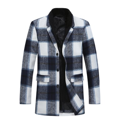 Men's Long Slim Fit Checked Winter Thick Coat with Shawl Collar Blue