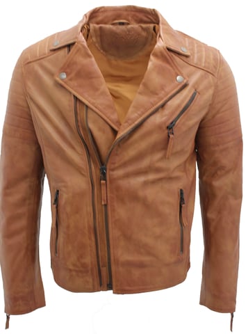 Chaqueta de motociclista de cuero con cremallera cruzada estilo Brando y corte ajustado