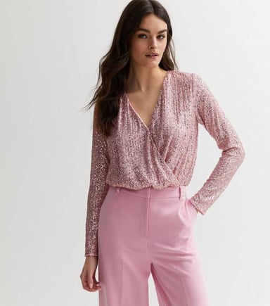 Bodysuit de manga larga con lentejuelas y wrap