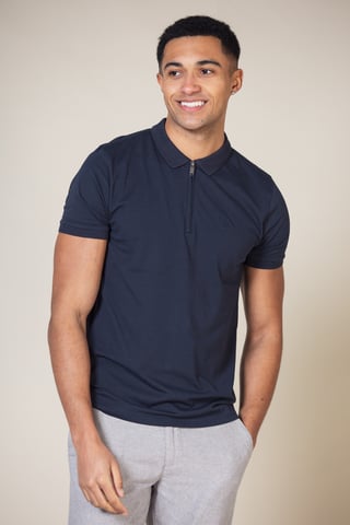 Navy Cotton Zip Neck Polo Shirt