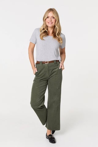 Green Faux Leather Belt Corduroy Trousers
