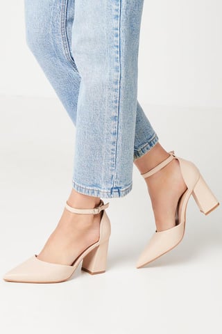 Blanche Ankle Strap Pointed High Block Heel Court Shoes