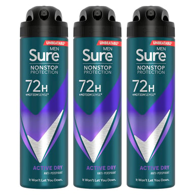 Sure Men Nonstop Protection 72H Anti-Perspirant Deodorant Active Dry 150ml, 3pk