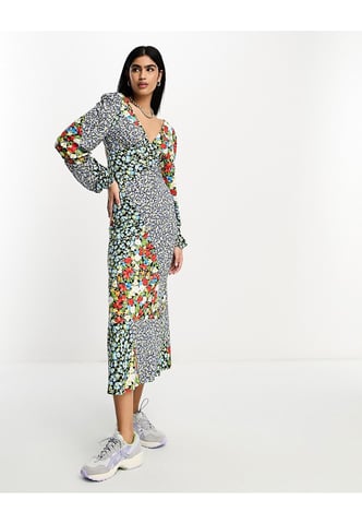 ASOS DESIGN long sleeve v neck midi dress in mixed print-Multi