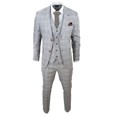 Traje de tres piezas entallado con ribetes de terciopelo gris claro para hombre