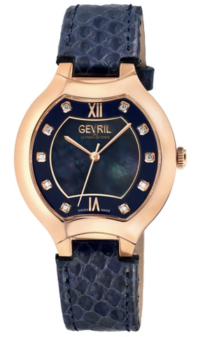 Reloj Gevril Lugano con diamantes suizos para mujer, esfera azul MOP, caja IPRG, correa de cuero italiana genuina hecha a mano