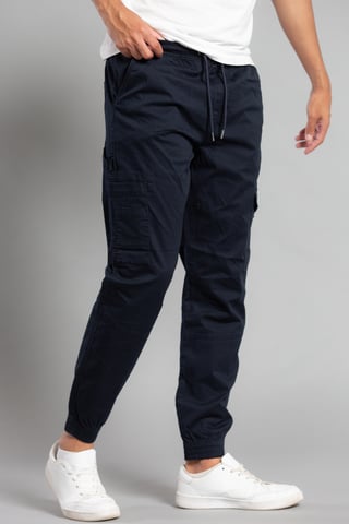 Navy Cotton Drawstring Cargo Trousers