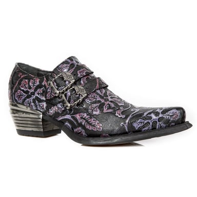 Zapatos con hebilla de cuero con diseño floral morado de New Rock Vintage 7960-S8