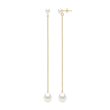 Double Earrings Yellow Gold - Real Cultured Freshwater Pearls Button 5-6 mm + Pear 8-9 mm