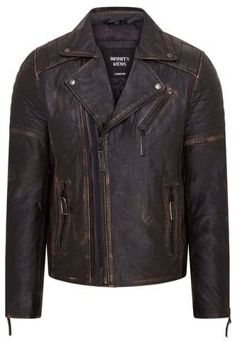 Hombres Vintage Negro Brando Doble Cruz Cremallera Cuero Biker Chaqueta- Fagernes