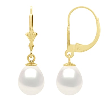 Earrings in Yellow Gold 375 and Real Cultured Freshwater Pearls Pear 8-9 mm