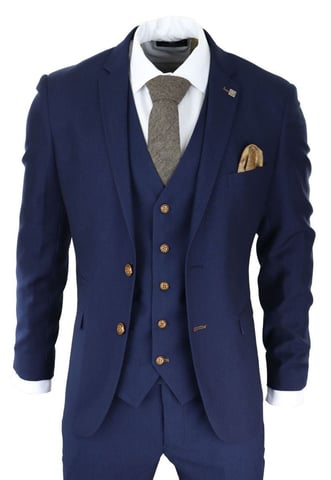 Traje clásico de tres piezas azul marino con diseño de ojo de pájaro para hombre