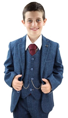 Traje clásico de tweed a cuadros con espiga azul de 3 piezas para niños