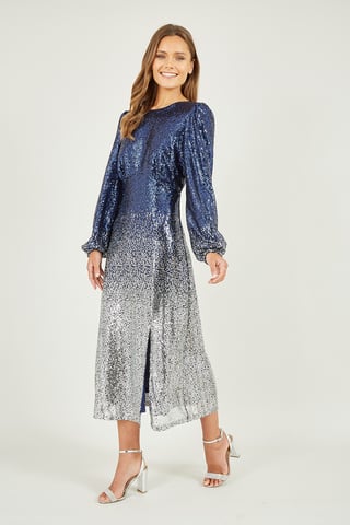 Navy and Silver Sequin Ombre Long Sleeve Midi Dress