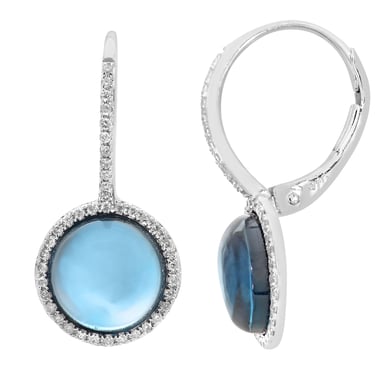 Pendientes colgantes de oro blanco de 9 quilates con diamantes y topacio azul redondo de 5,30 quilates