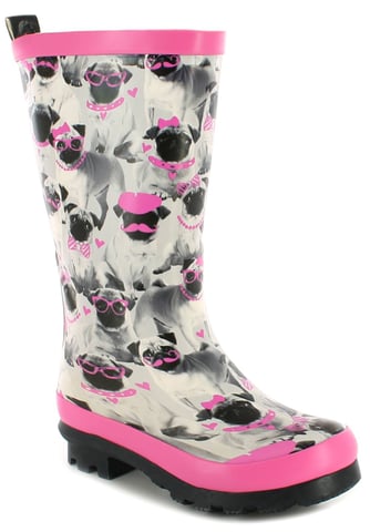 Platino Girls Pug Wellies Brandie Slip On Grey pug print