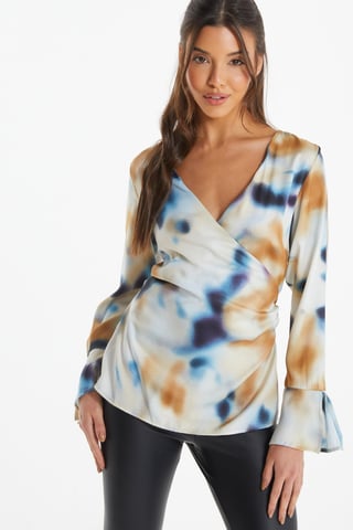 Multicoloured Marble Print Satin Blouse