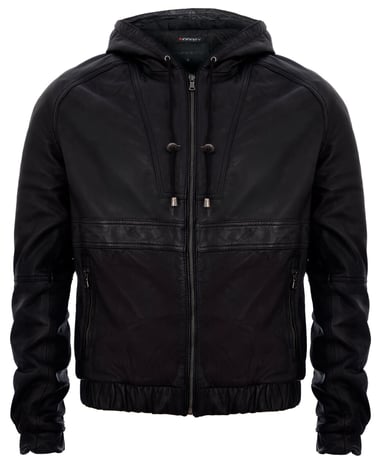 Chaqueta de motociclista estilo bomber con capucha y cremallera de cuero