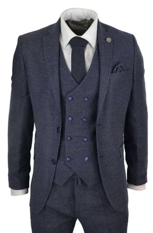 Traje de tres piezas de lana azul para hombre, chaleco cruzado, tweed, Peaky Blinders, década de 1920