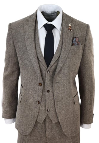 Traje de tweed de tres piezas marrón roble para hombre, estilo vintage de espiga, estilo retro de los años 20, Peaky Blinders