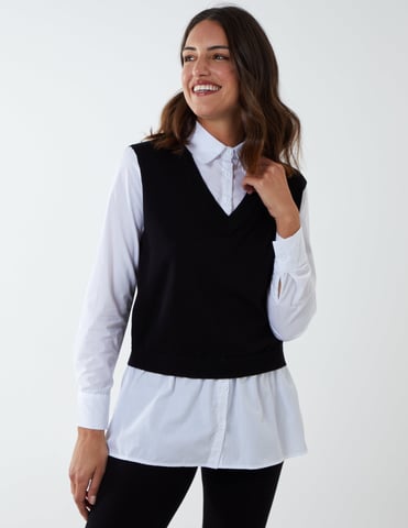 LEONIE - 2 in 1 Knit Vest & Collared Shirt Top