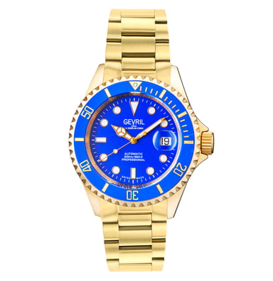 Reloj Gevril para hombre con esfera azul, pulsera de IP dorado y movimiento automático suizo SW220