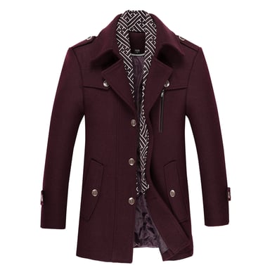 Men's Winter Thickened Solid Color Lapel Casual Wool Coat with Striped Collar Camel Burgundy