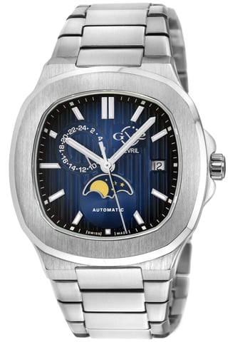 Reloj de acero inoxidable 316L GV2 Potente para hombre, movimiento automático suizo, fase lunar, esfera azul.