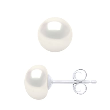 Earrings of Silver 925 and Real Cultured Freshwater Pearls Button 7-8 mm