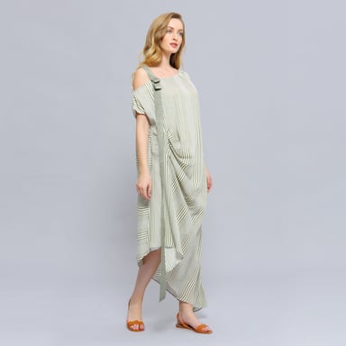 Asymmetric Draped Stripe Print Midi Dress