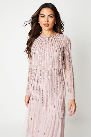 Linear Sequin Embellished Long Sleeve Midi Dress