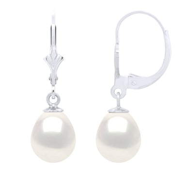 Earrings in White Gold 375 and Real Cultured Freshwater Pearls Pear 8-9 mm