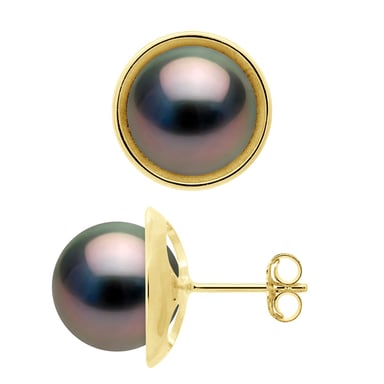 Earrings - Surroundings Sleek - Prestige - Yellow Gold 375 - Real Cultured Tahiti Pearls Round 9-10 mm