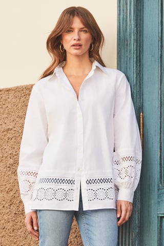White Broderie Detail Balloon Sleeve Cotton Shirt