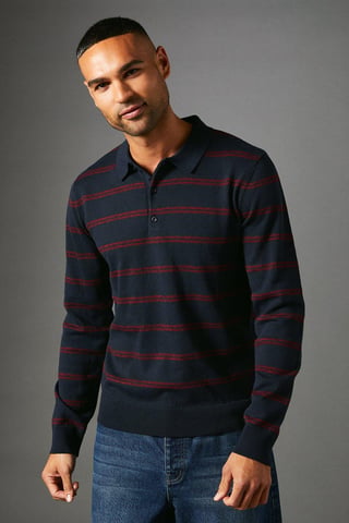 Stripe Long Sleeve Knitted Polo