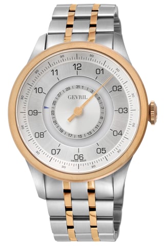 Gevril Jones St. Automático suizo para hombre, caja SS, esfera blanca con bisel RG, reloj de pulsera SS IPRG de dos tonos