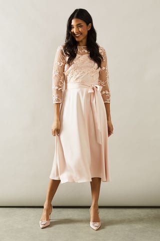 Satin And Mesh Overlay Fit And Flare Dress
