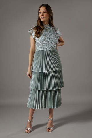 Satin Lace Pleated Tiered Dress