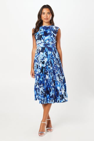 Printed Pleated Satin Midi Dress
