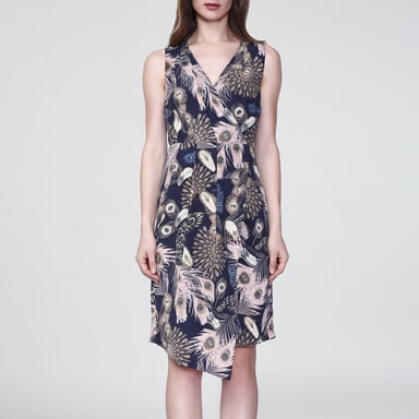 Mid-length cross-heart dress with feather print