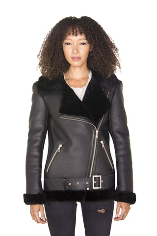 Chaqueta estilo aviador de piel de oveja negra para mujer - Merida