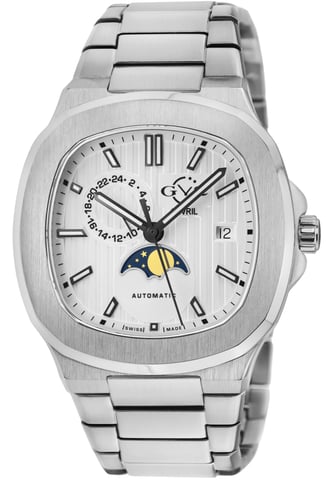 Reloj GV2 Potente para hombre con fase lunar automática suiza, esfera plateada, acero inoxidable 316L.