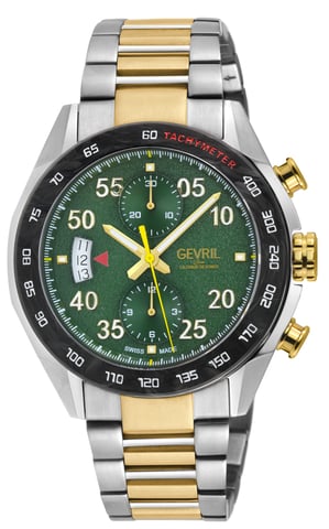 Gevril Ascari Chronograph Caja de acero inoxidable 316L para hombre, esfera verde, pulsera de acero inoxidable 316L/IPYG de dos tonos