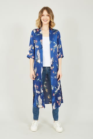 Yumi Navy Satin Crane Print Kimono