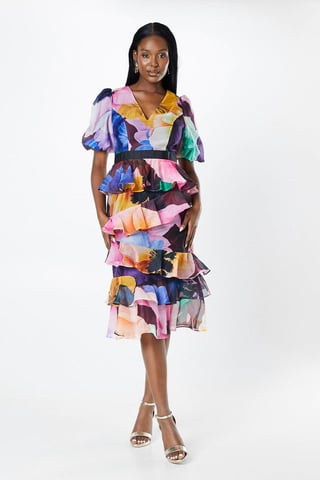 Floral Print Tiered Skirt Puff Sleeve Midi Dress