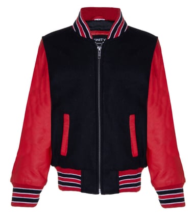 Chaqueta bomber universitaria negra y roja para niños con mangas de cuero auténtico, de 3 a 13 años